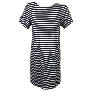 J Crew Size M Black White Striped Sheath Dress Back Zip Crew Neck Stretch Ponte